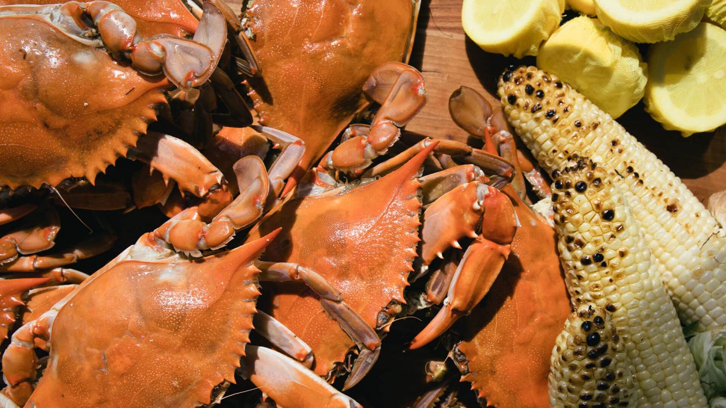 Close up of cooked crabs and corn