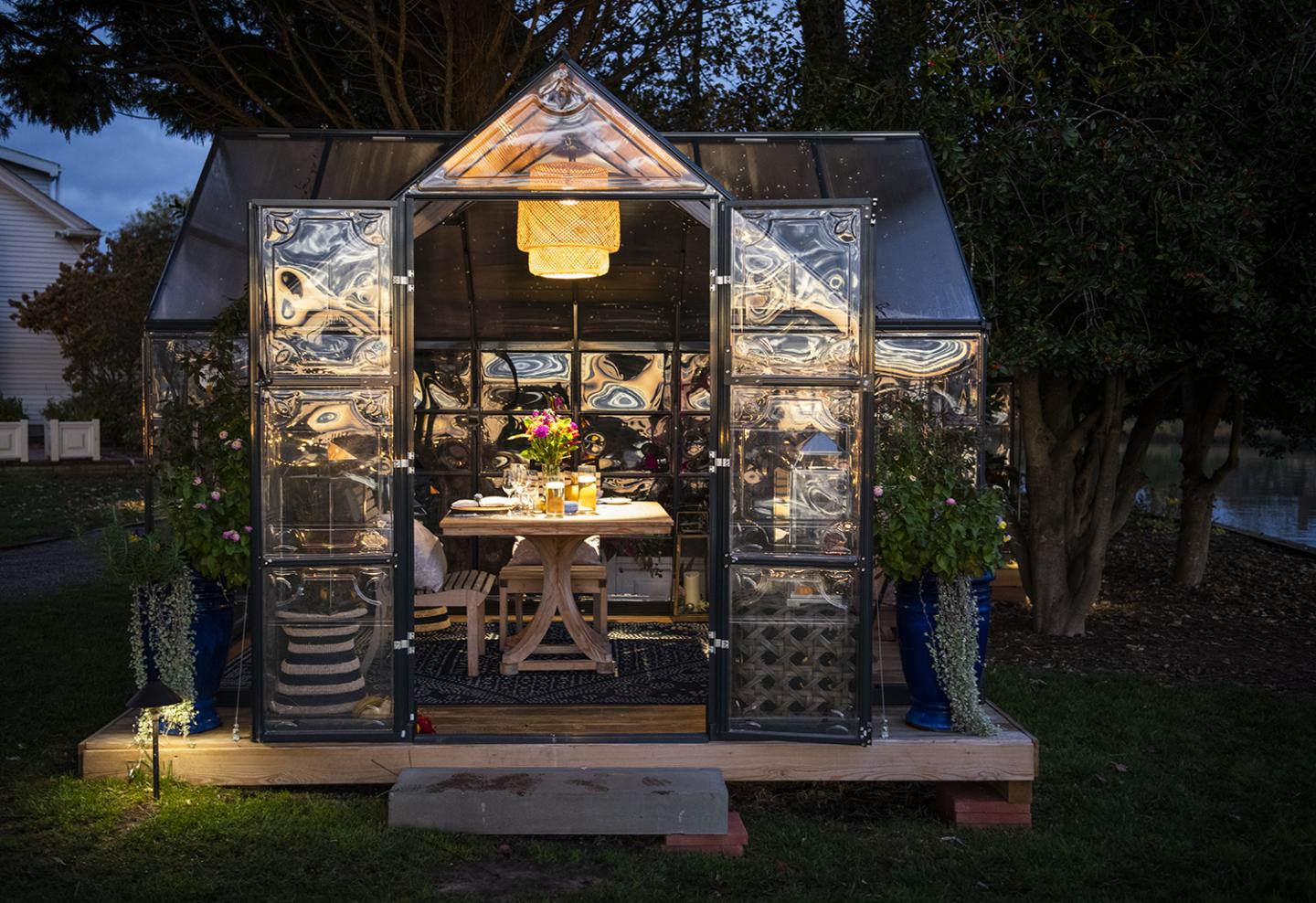 Dining table set inside a small gazebo