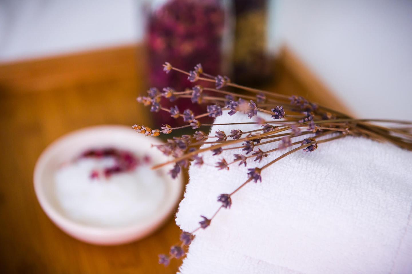 Lavender draped over a towel