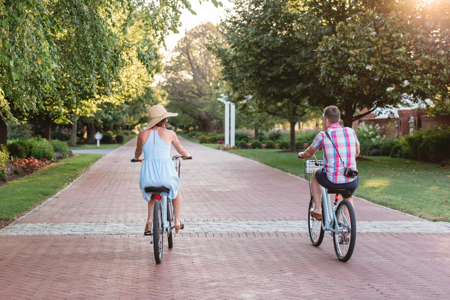 A couple cycling down a path