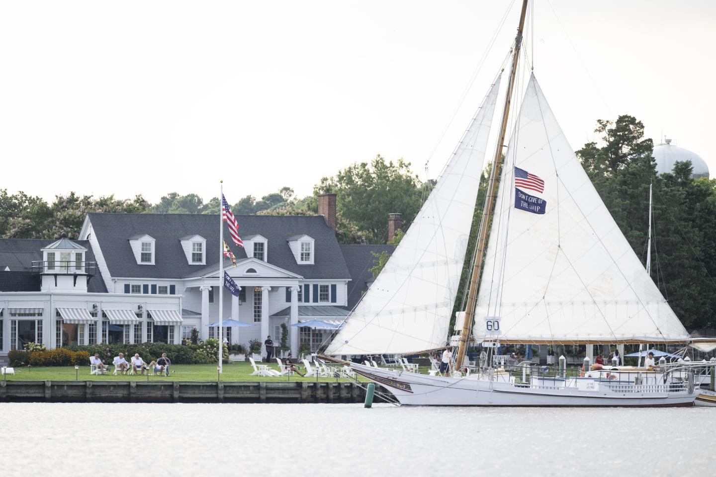A sailboat outside a hotel