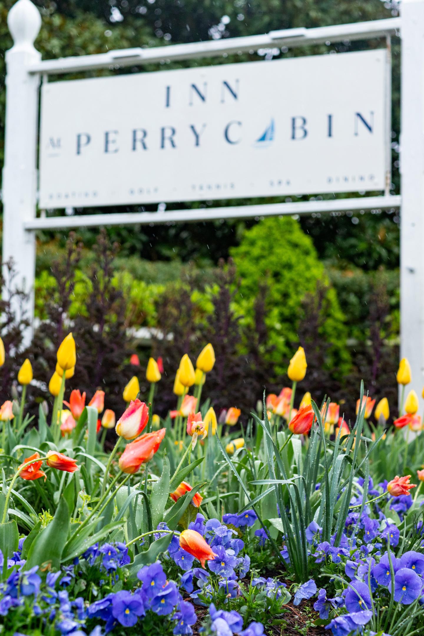 Flowers at entrance sign during Spring