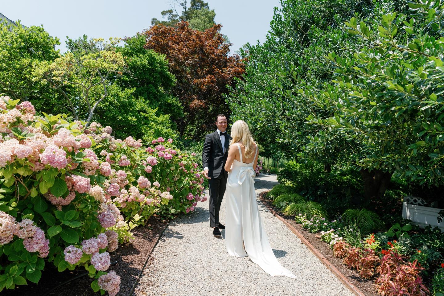 Bride and groom first look in the gardens