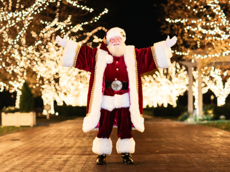 Santa Claus lighting Christmas lights along the lane