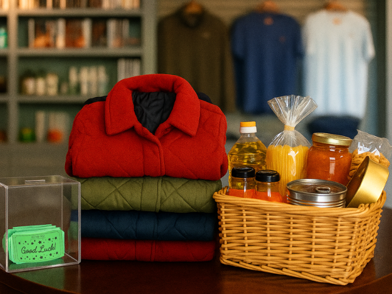 Table set in The SHOP with coats and food for the giving drive