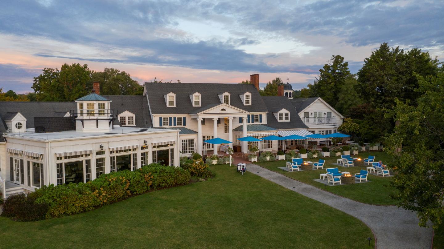 Aerial view of the manor estate during sunset