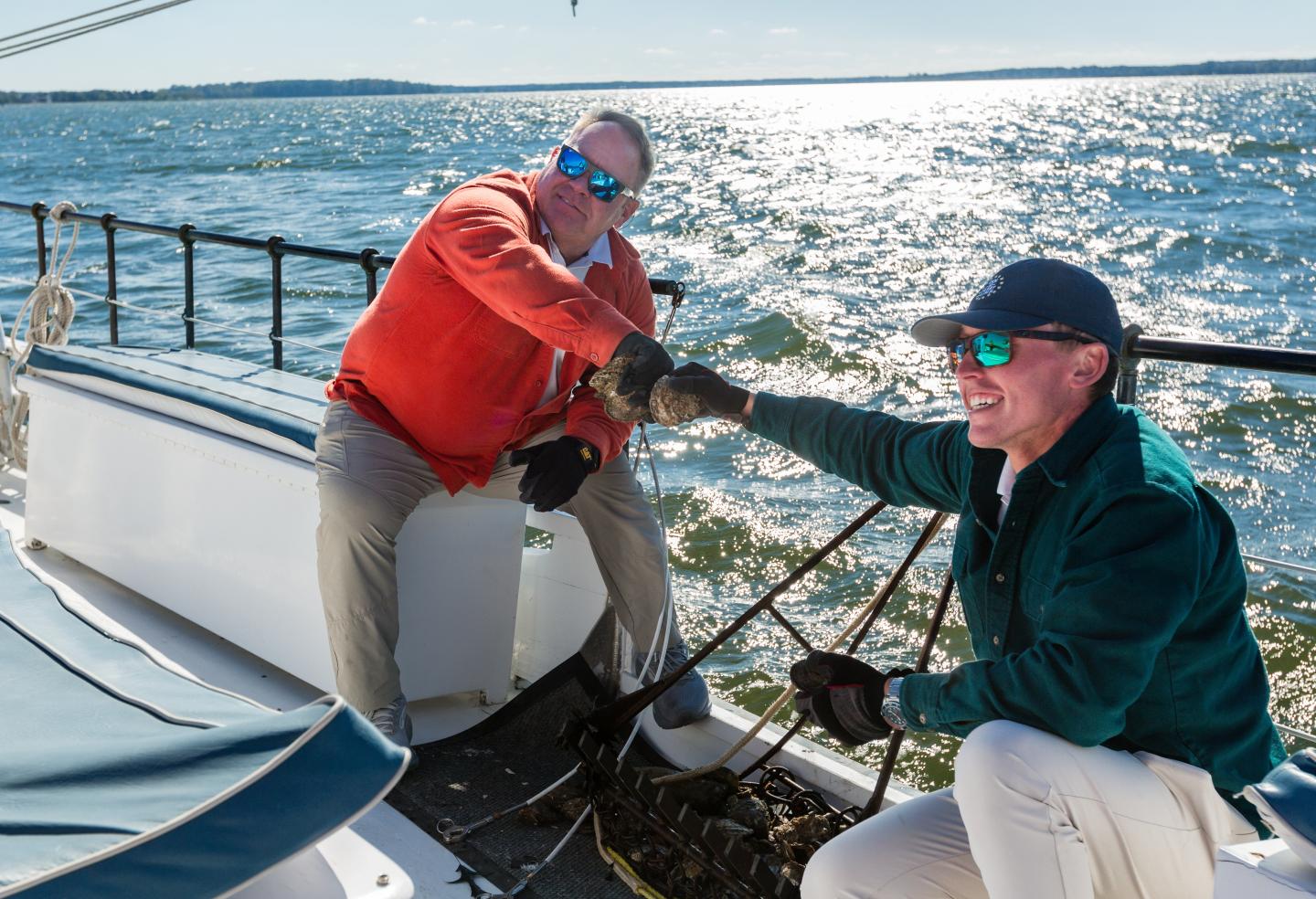 Captains dredging oysters aboard Stanley Norman