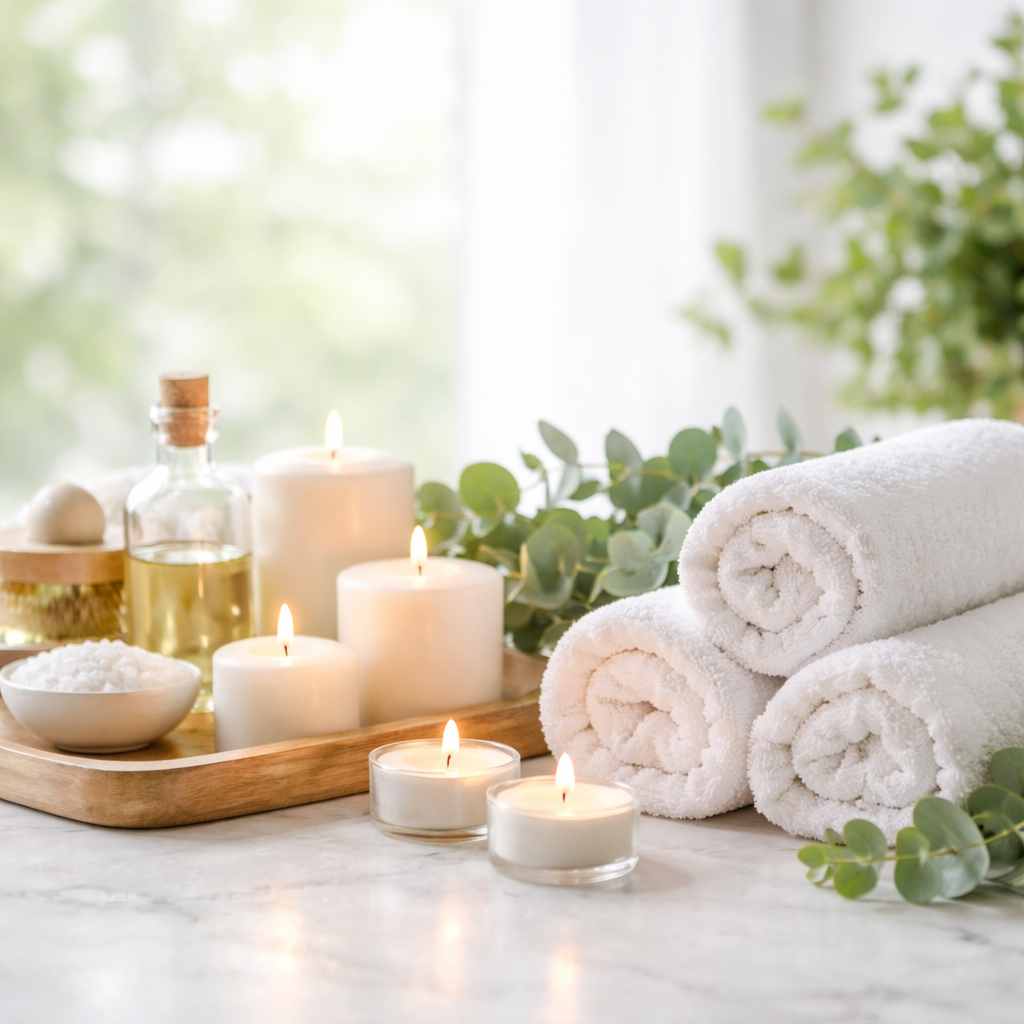 SPA Scene with candles, eucalyptus and product