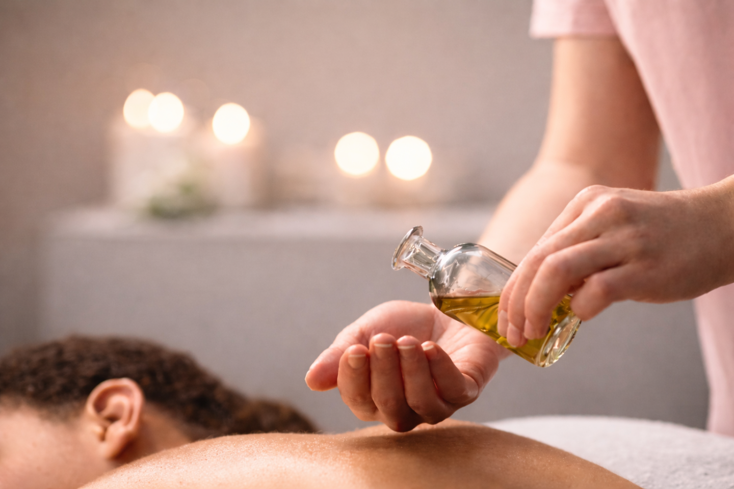 Therapist pouring massage oil for a spa treatment.