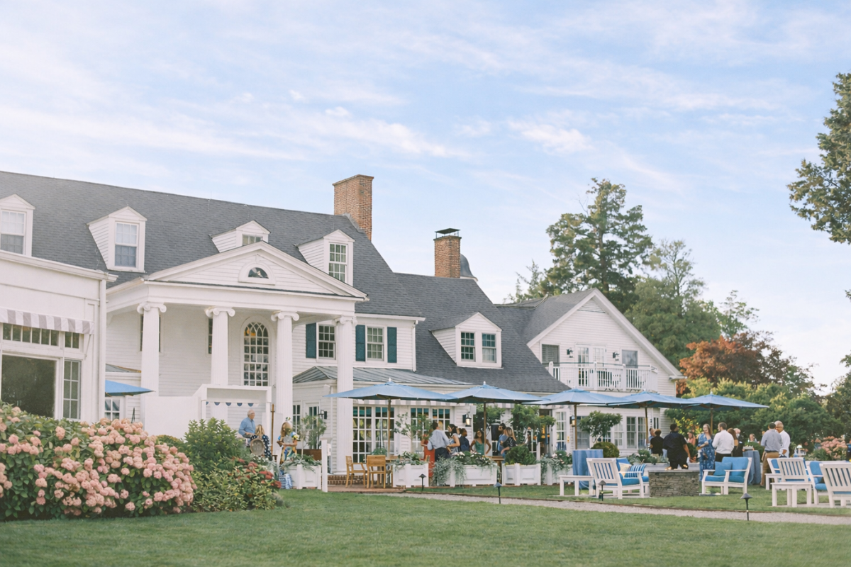 Guests gathered on the Manor Lawn amongst the hydrangeas 